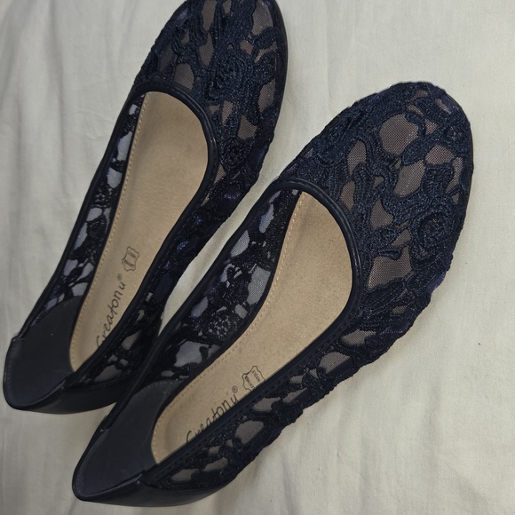 GreatOnU NAVY BLUE Flats Shoes With Flowers 8.5 39.5 New, Not Worn - Picture 5 of 12